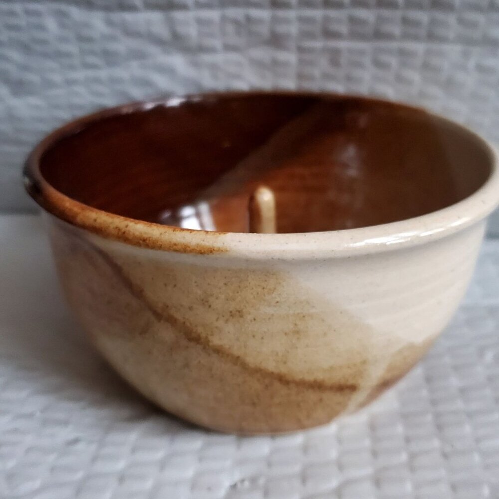 Signed Pottery Bowl "Down to Earth" Studio Pot Handmade Brown & Tan Drip Glaze.